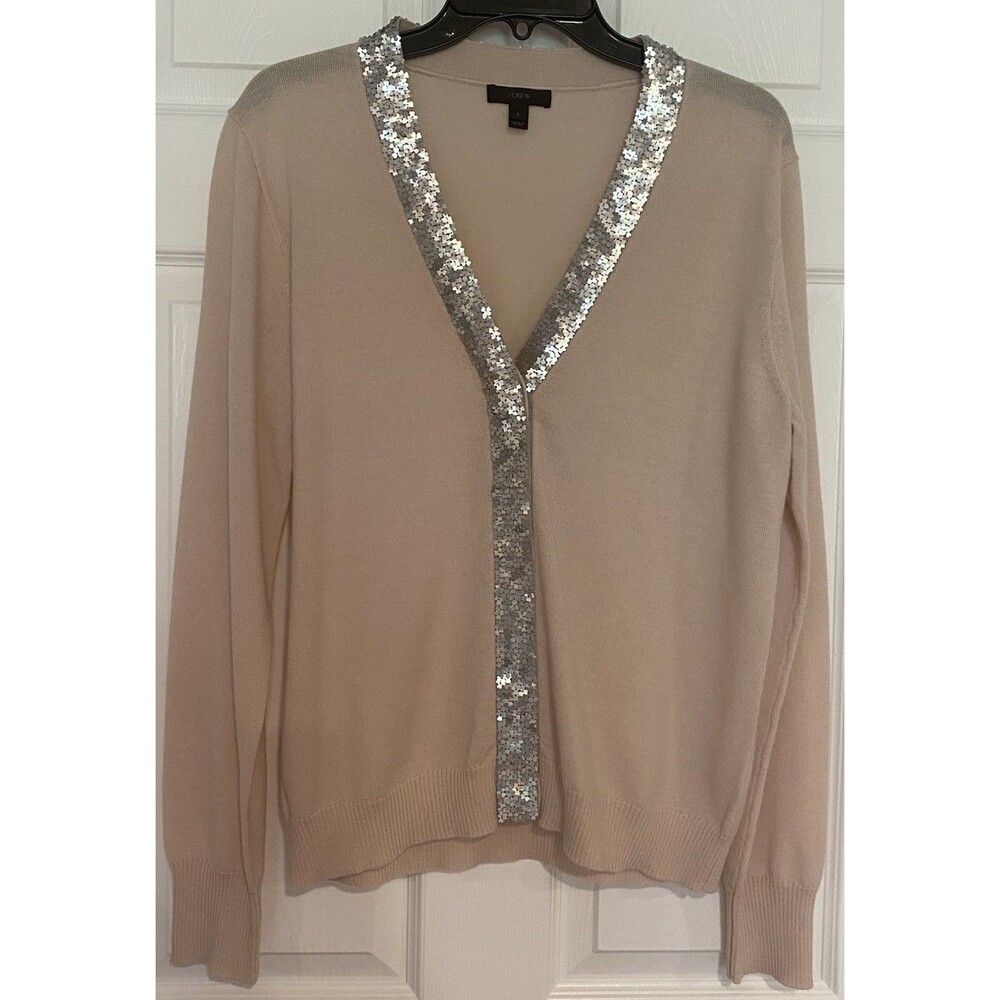 J Crew Full Line Harlow Merino Wool Cardigan Sweater Pink Sequin Placket Large